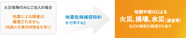 火災保険のみにご加入の場合、地震による損害は補償されません(地震火災費用保険金を除く)。地震危険補償特約を付帯すると、地震や噴火による火災、損壊、水災(津波等)などの損害が補償されます