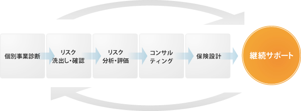 個別事業診断、リスク洗出し・確認、リスク分析・評価、コンサルティング、保険設計を継続サポート